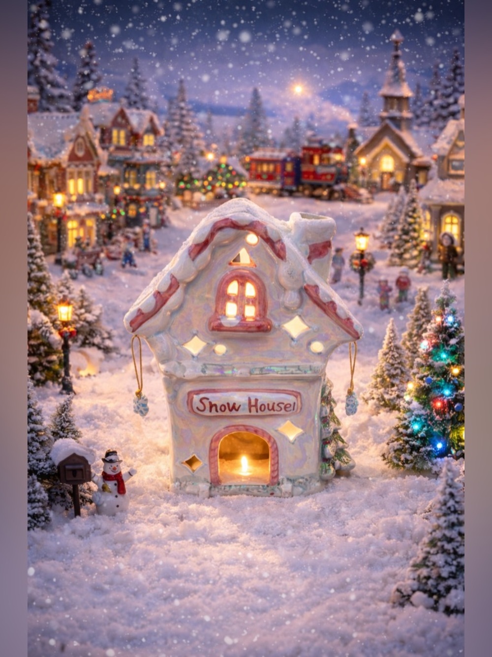 Iridescent Ceramic Snow House Tea Light Holder with Hanging Snowflakes